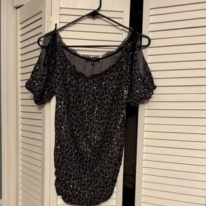 Express Black and Gray Sequin Leopard Blouse